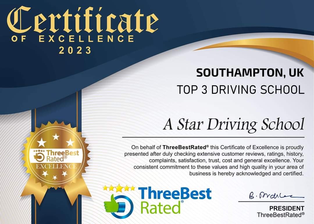 ThreeBestRated Certificate of Excellence — A Star Driving School named a top 3 driving school in Southampton